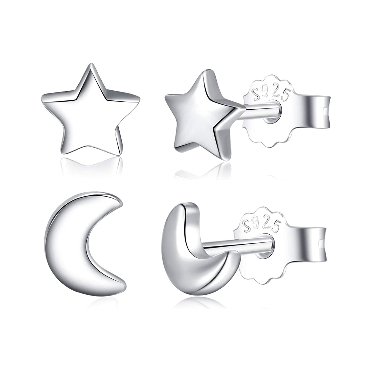 925 Sterling Silver Moon and Star Stud Earrings Set