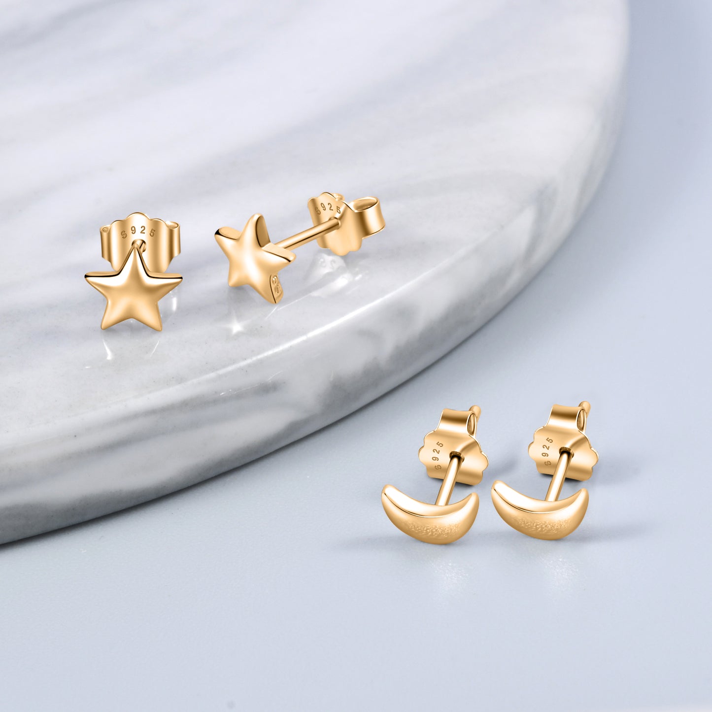 925 Sterling Silver Moon and Star Stud Earrings Set