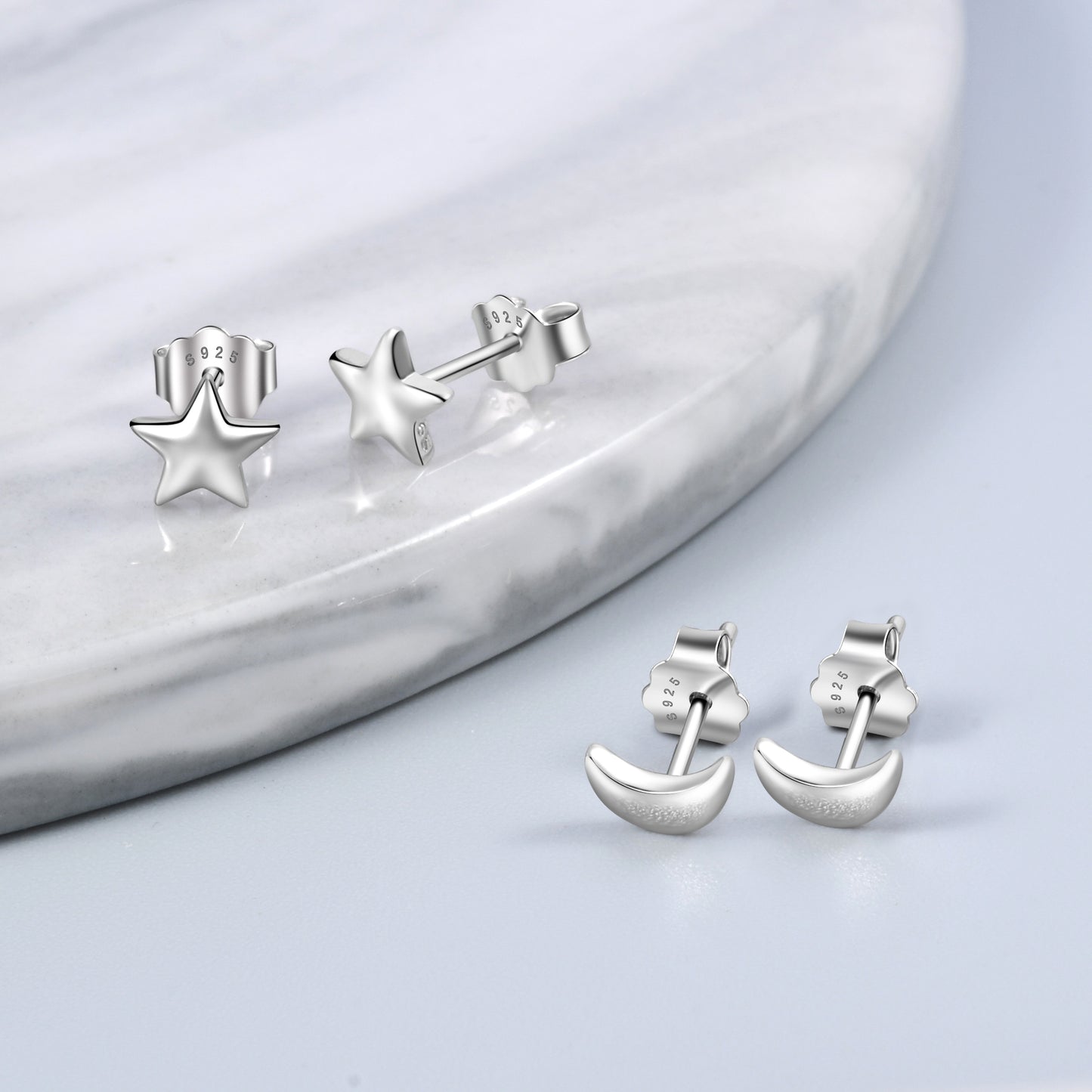 925 Sterling Silver Moon and Star Stud Earrings Set