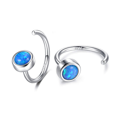 925 Sterling Silver Created Blue Opal Huggie Hoops Earrings