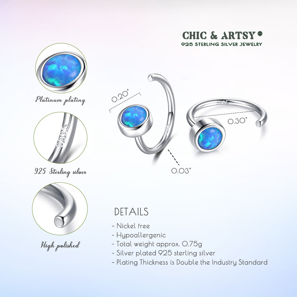 925 Sterling Silver Created Blue Opal Huggie Hoops Earrings