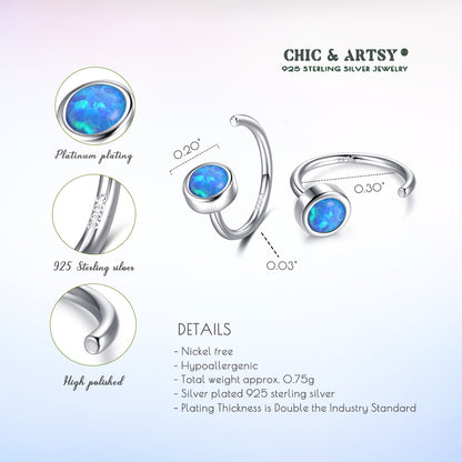 925 Sterling Silver Created Blue Opal Huggie Hoops Earrings