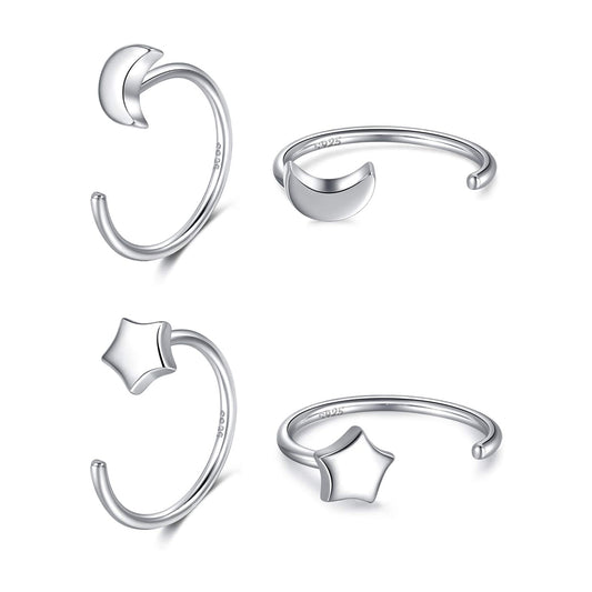 925 Sterling Silver Star Moon Huggie Hoop Earrings Set - 2 pairs