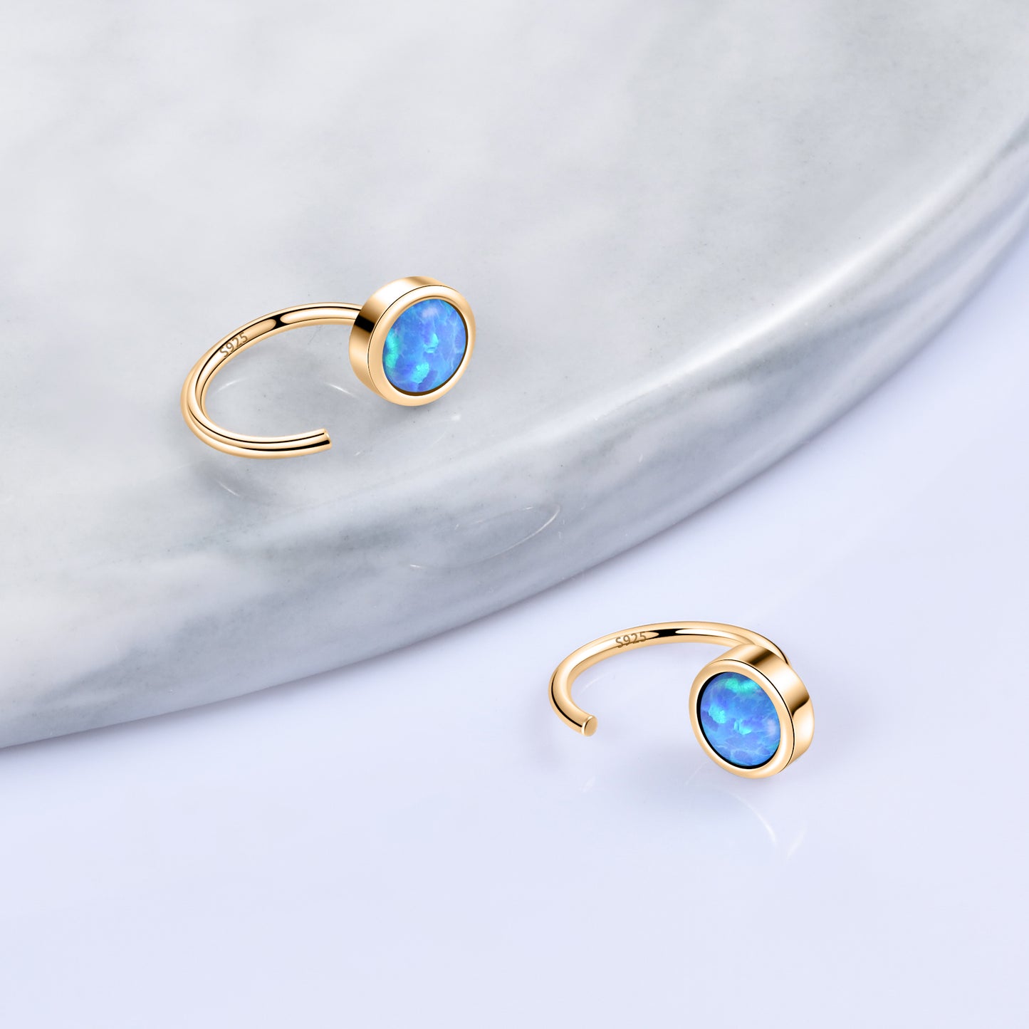 925 Sterling Silver Created Blue Opal Huggie Hoops Earrings