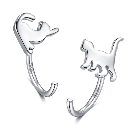 925 Sterling Silver Cat Huggie Hoops Earrings