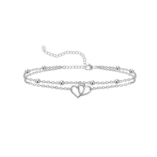 925 Sterling Silver Double Heart Layered Anklets