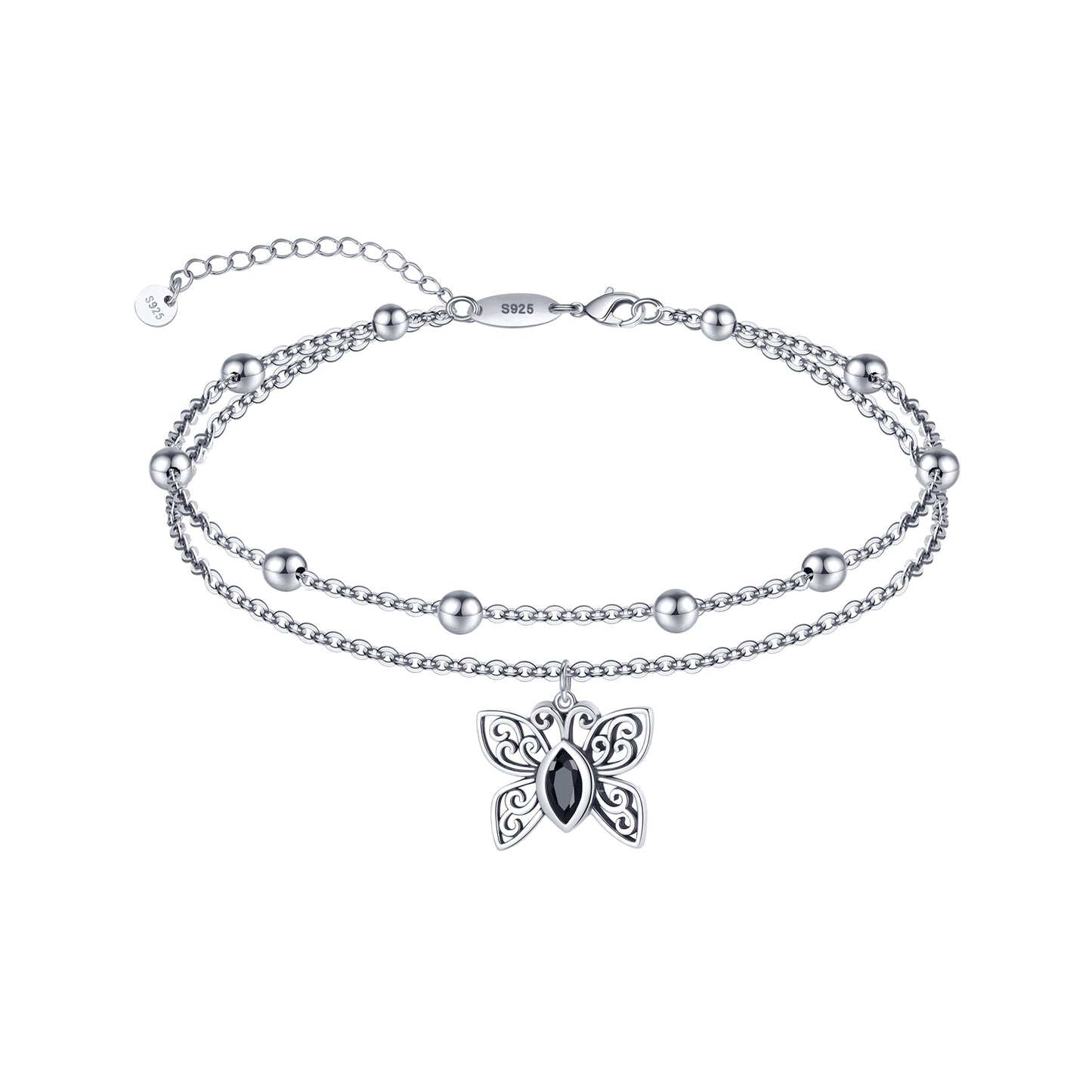 925 Sterling Silver Black CZ Butterfly Anklet Bracelets