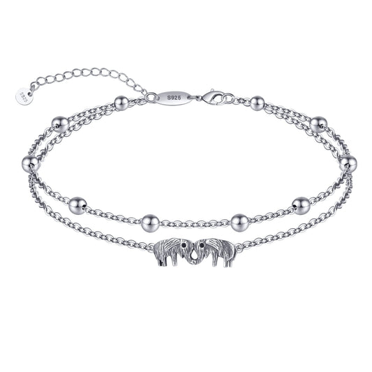 925 Sterling Silver Elephant Anklets Bracelets for Women - Vintage Boho Beaded Anklet