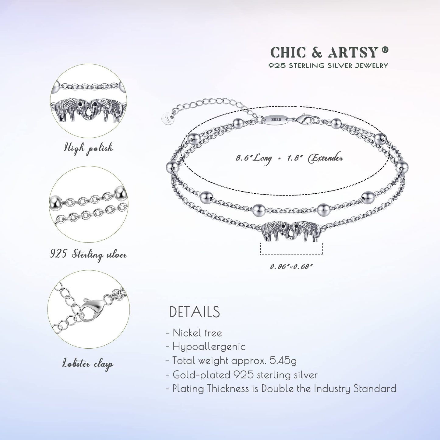 925 Sterling Silver Elephant Anklets Bracelets for Women - Vintage Boho Beaded Anklet
