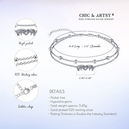 925 Sterling Silver Elephant Anklets Bracelets for Women - Vintage Boho Beaded Anklet