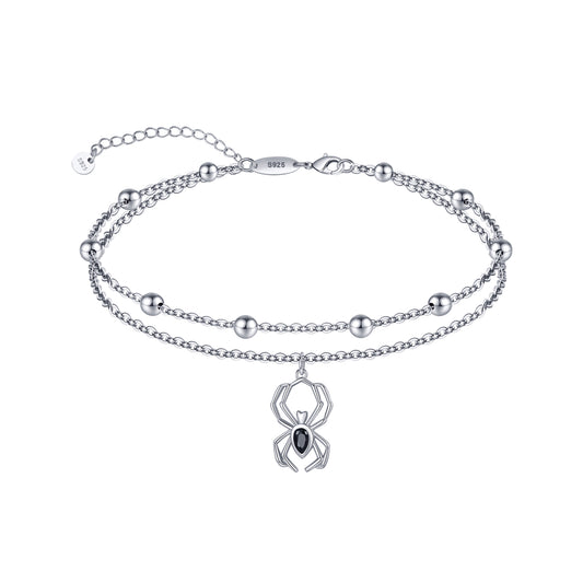 925 Sterling Silver Spider Anklet Bracelets Dainty Layered Black CZ Spider Anklets