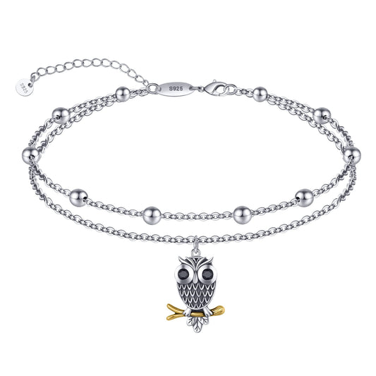Owl Anklets 925 Sterling Silver Oxidized Owl Anklets Dainty Layered Beaded Anklet Bracelets for Women