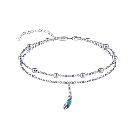 925 Sterling Silver Created Turquoise Feather Anklet Bracelet