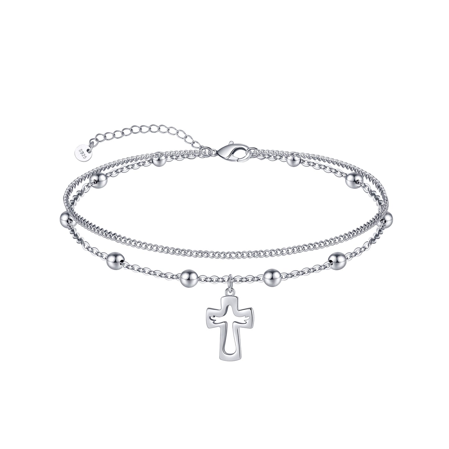 925 Sterling Silver Ankle Bracelet for Women Dainty Small Cross