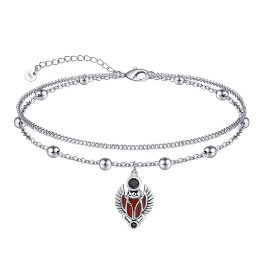 Scarab Anklet 925 Sterling Silver Cute Egyptian Scarab Beetle Charm Ankle Bracelets