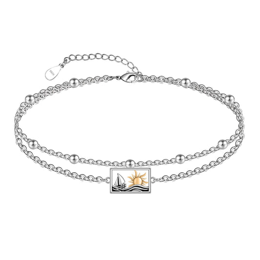 Ankle Bracelet 925 Sterling Silver Sailboat Sun Anklet Dainty Sailboat Anklets for Women