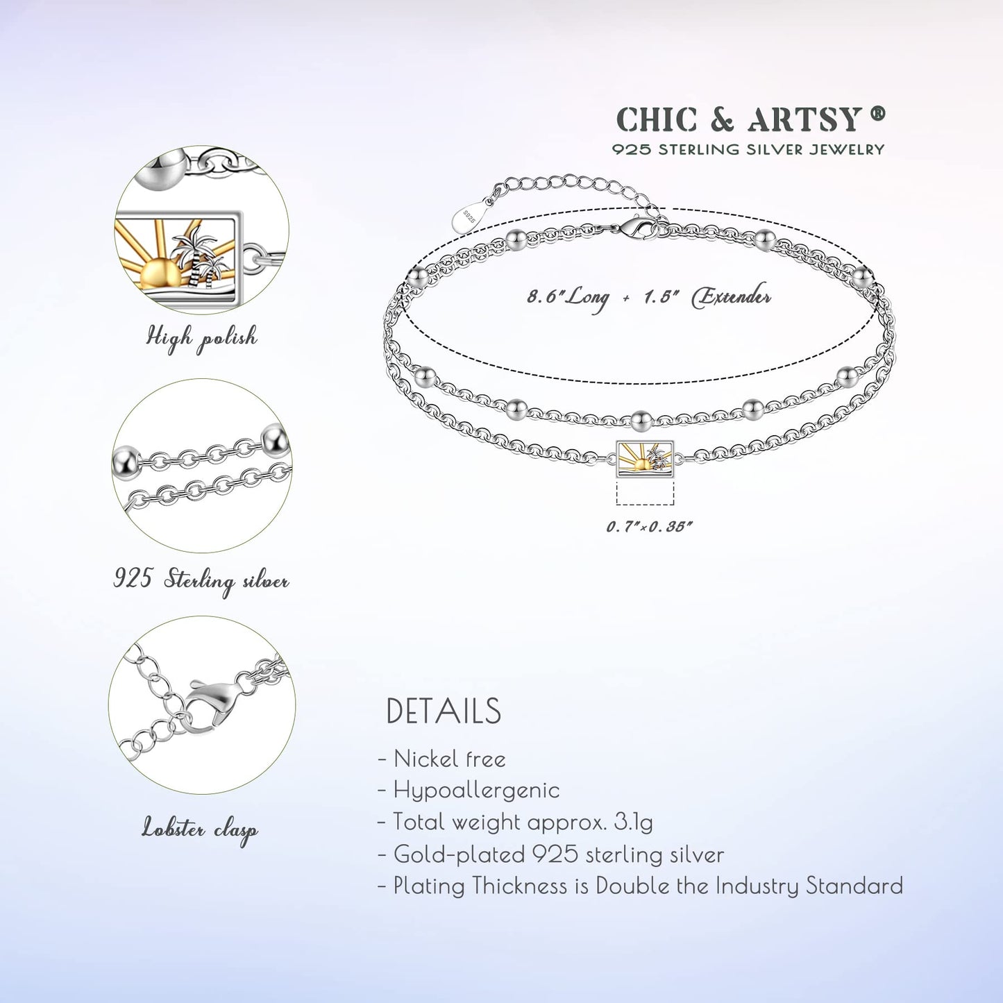 Ankle Bracelet 925 Sterling Silver Sun Anklet Boho Palm Anklets for Women
