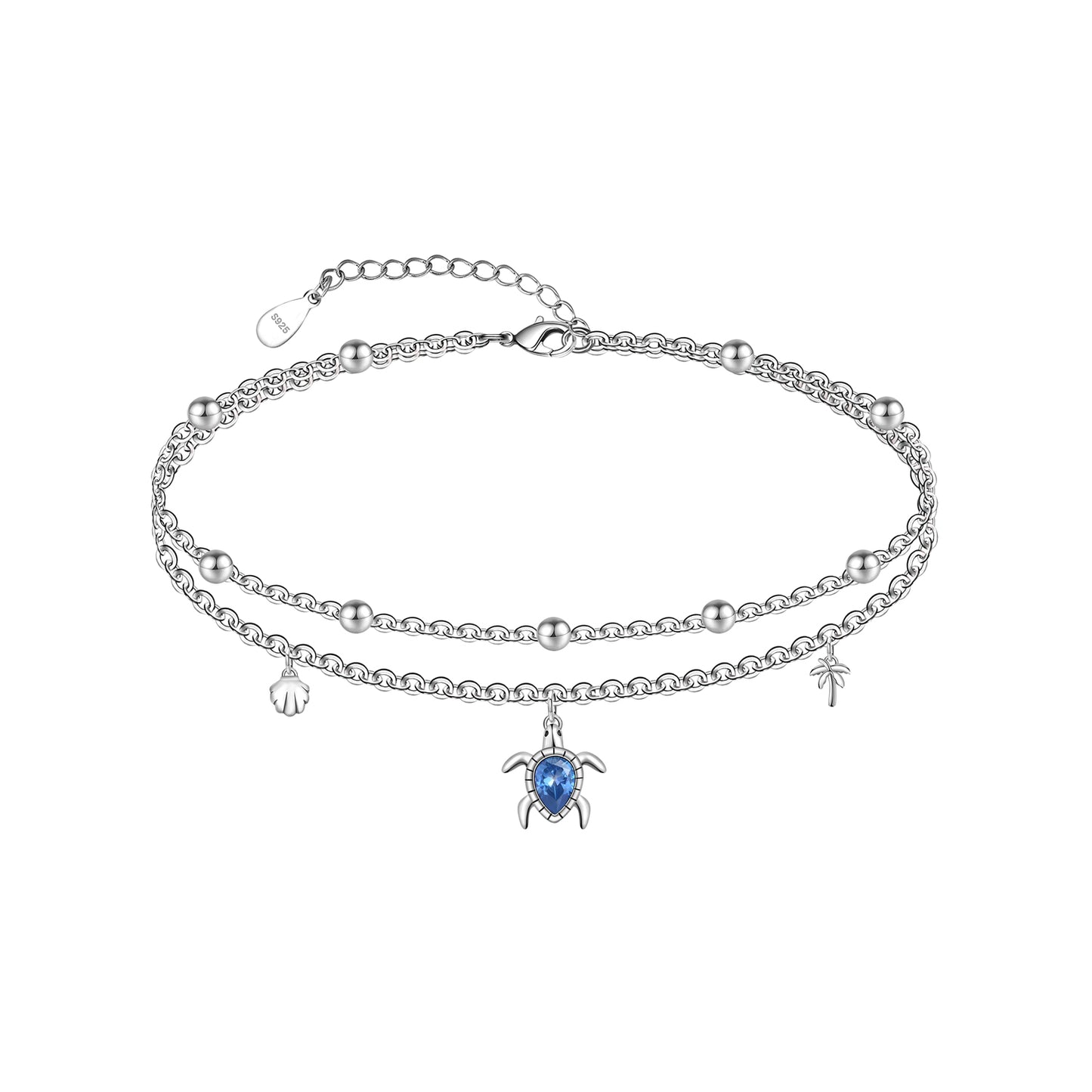 925 Sterling Silver Sea Turtle Anklet Blue Cz Turtle Anklet