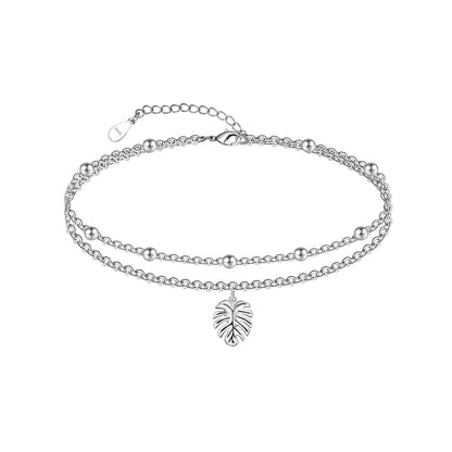 925 Sterling Silver Leaf Anklet 10 Inch Leaf Anklets for Women Layered Anklet