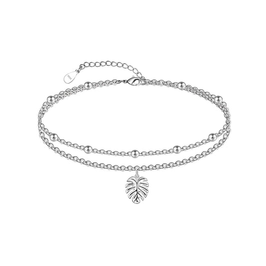 925 Sterling Silver Leaf Anklet 10 Inch Leaf Anklets for Women Layered Anklet