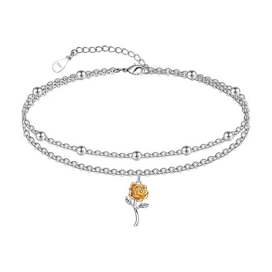 Ankle Bracelet for Women 925 Sterling Silver Roses Layered Anklet Braceles