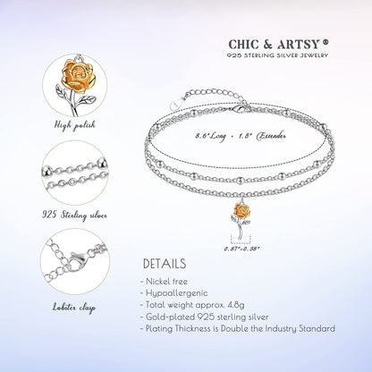 Ankle Bracelet for Women 925 Sterling Silver Roses Layered Anklet Braceles