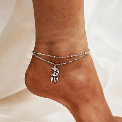 925 Sterling Silver Dream Catcher Anklets Dainty Moon Layered Anklet Bracelets