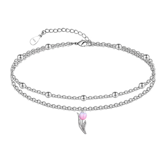 925 Sterling Silver Tulip Ankle Dainty Layered Anklet Bracelets