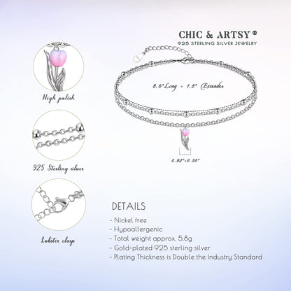 925 Sterling Silver Tulip Ankle Dainty Layered Anklet Bracelets