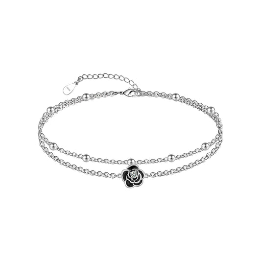 925 Sterling Silver Black Roses Ankle Dainty Layered Anklet Bracelet Boho Anklets