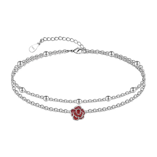 925 Sterling Silver Red Roses Ankle Dainty Layered Anklet Bracelet