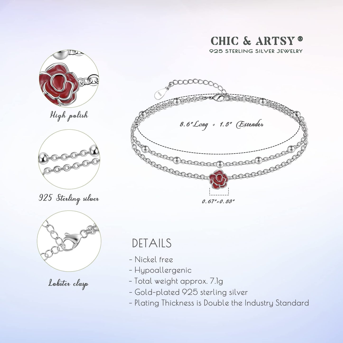 925 Sterling Silver Red Roses Ankle Dainty Layered Anklet Bracelet