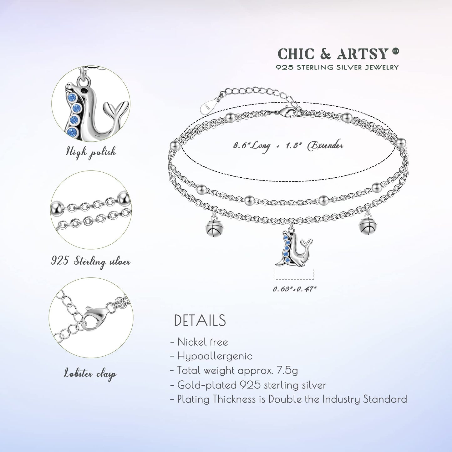 Dolphin Anklets 925 Sterling Silver Dainty Layered Ankle Bracelet for Women