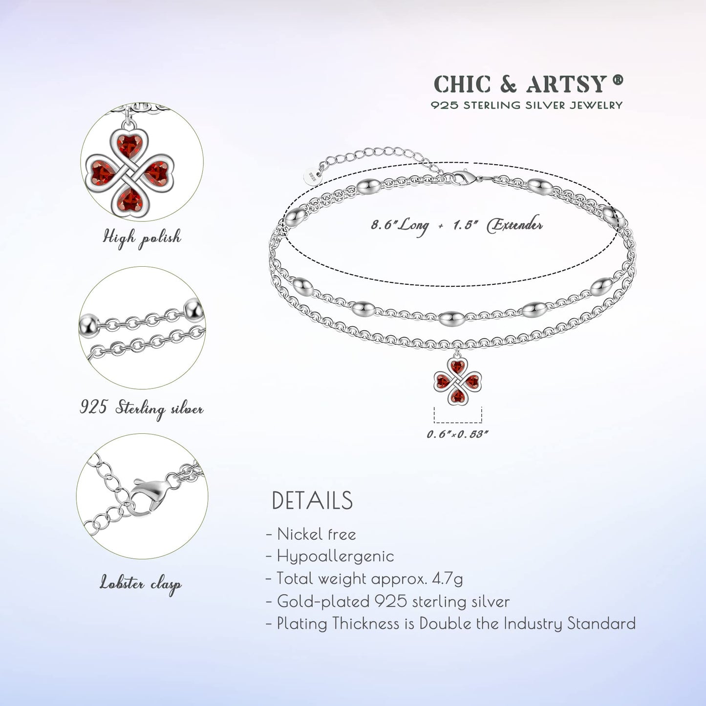 Four-Leaf Clover Ankle 925 Sterling Silver Ankle Bracelets for Women