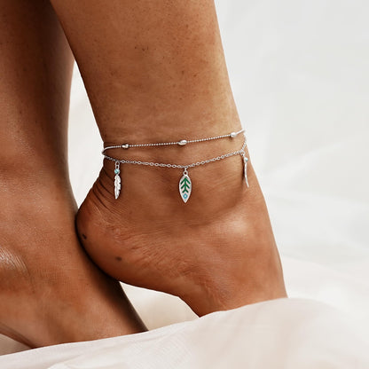 925 Sterling Silver Anklet Bracelets - Summer Beach Ankle Bracelets Created with Turquoise Feather