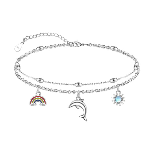 Dolphin Ankle Bracelets for Women - 925 Sterling Silver Adjustable Layer Anklets 10 Inches