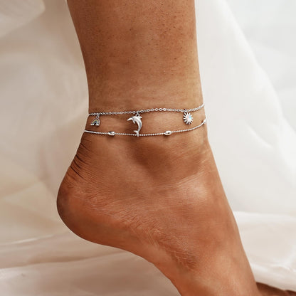 Dolphin Ankle Bracelets for Women - 925 Sterling Silver Adjustable Layer Anklets 10 Inches