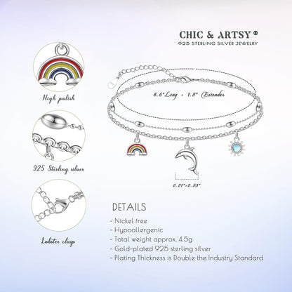 Dolphin Ankle Bracelets for Women - 925 Sterling Silver Adjustable Layer Anklets 10 Inches