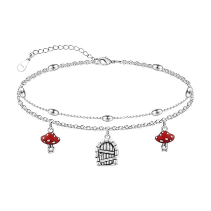 925 Sterling Silver Mushroom Anklet Bracelet - Boho Layered Anklet Bracelet for Women