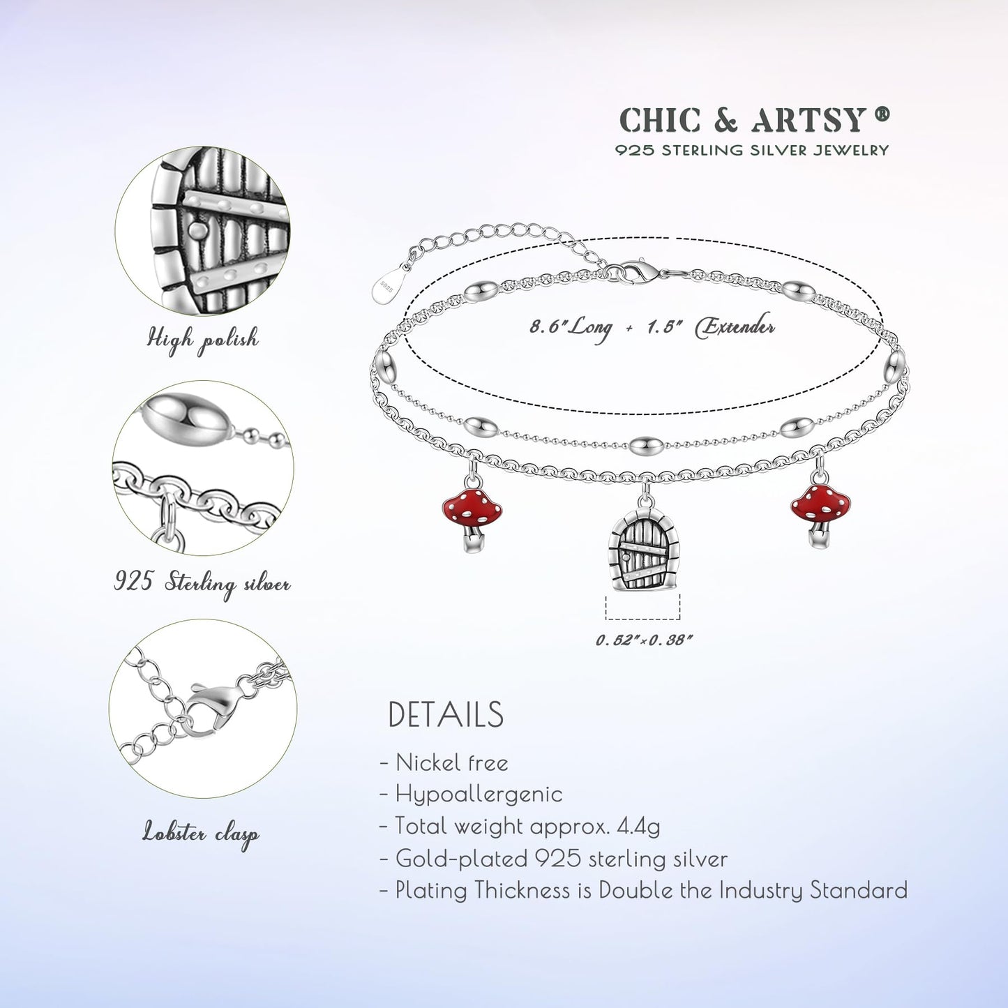 925 Sterling Silver Mushroom Anklet Bracelet - Boho Layered Anklet Bracelet for Women