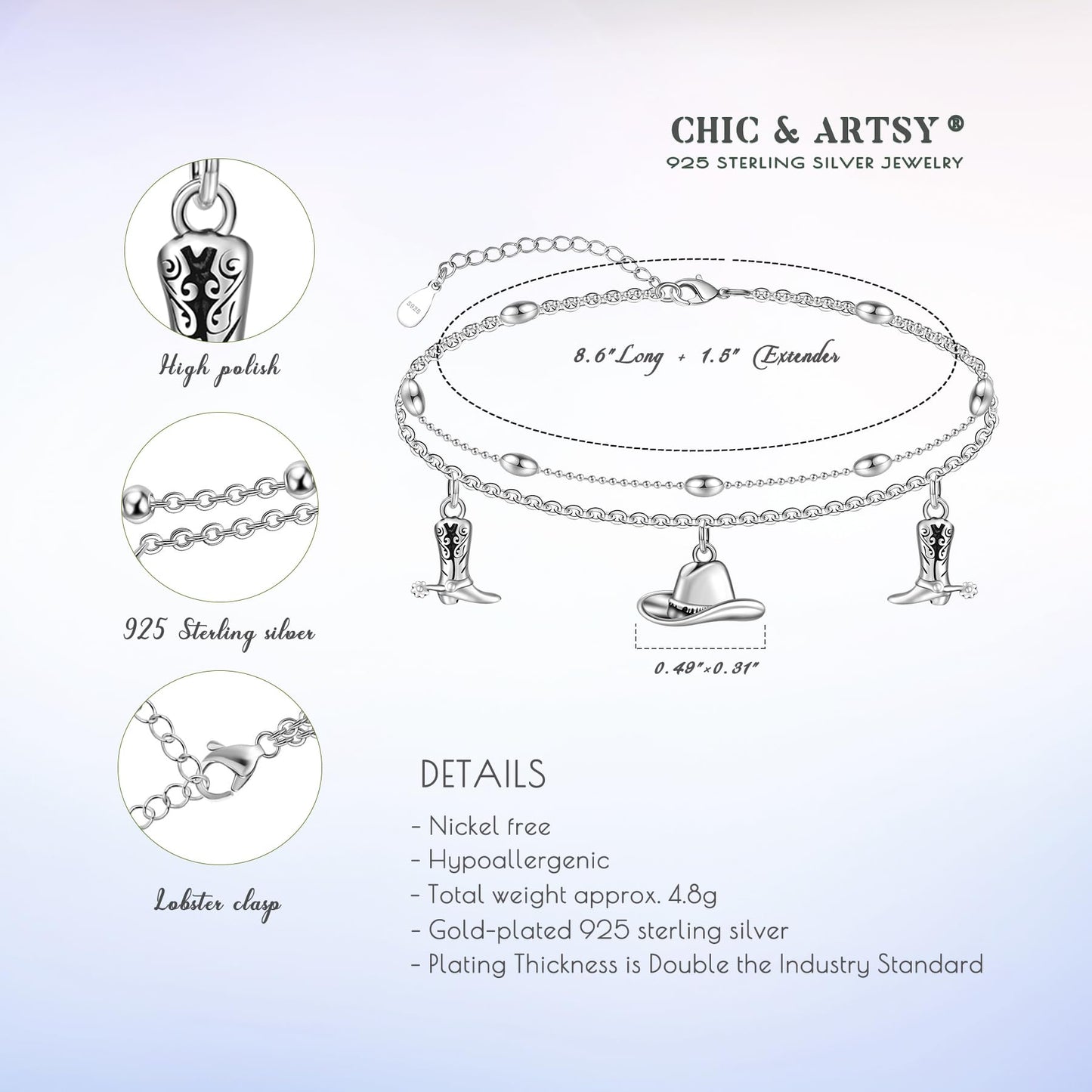 Ankle Bracelet for Women 925 Sterling Silver Cowboy Hat Anklet