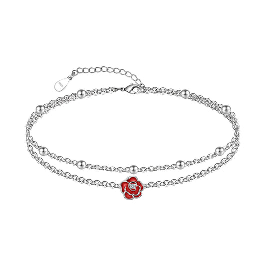 Ankle Bracelet for Women 925 Sterling Silver Red Roses Ankle Dainty Layered Anklet Bracelet