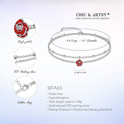 Ankle Bracelet for Women 925 Sterling Silver Red Roses Ankle Dainty Layered Anklet Bracelet
