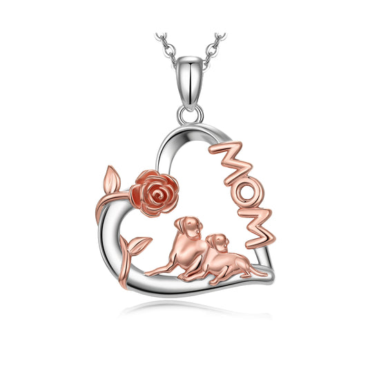 925 Sterling Silver Rose Flower Dog Mom Pendant Necklace