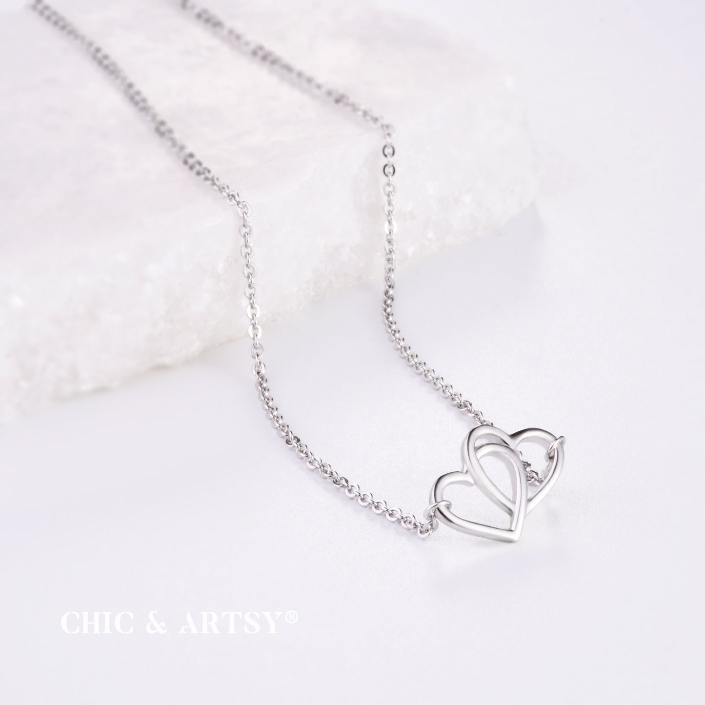 925 Sterling Silver Sideways Heart Necklace Sideways Double Heart Charm Necklace