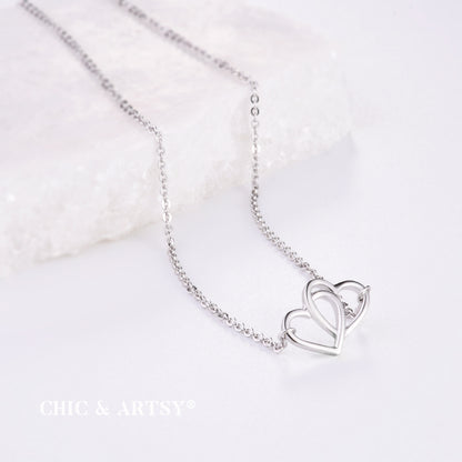 925 Sterling Silver Sideways Heart Necklace Sideways Double Heart Charm Necklace