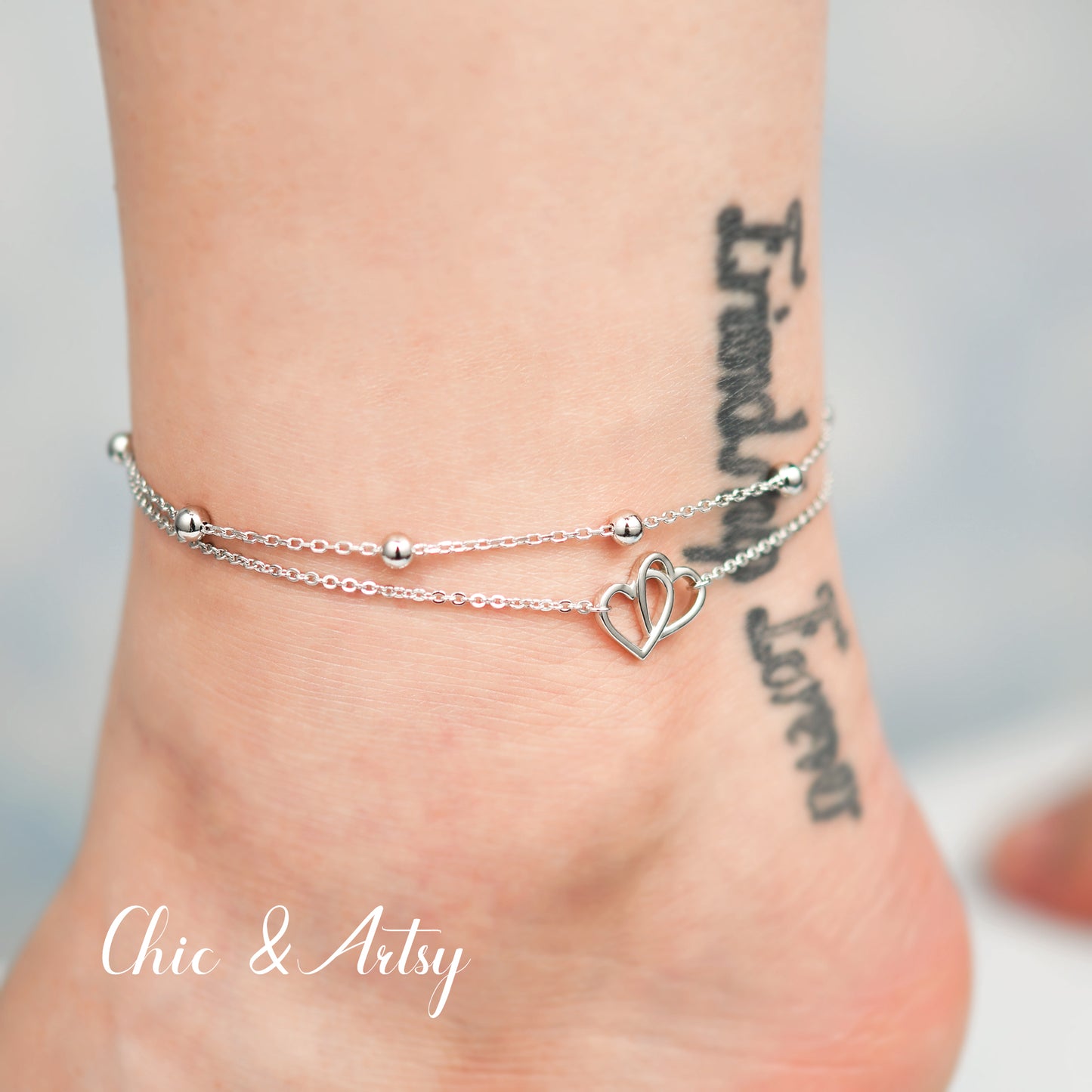 925 Sterling Silver Double Heart Layered Anklets