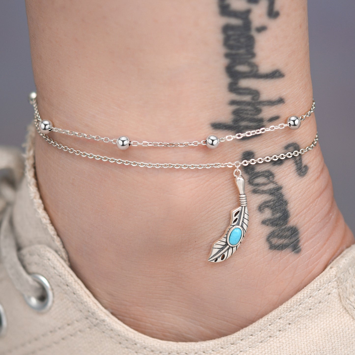 925 Sterling Silver Created Turquoise Feather Anklet Bracelet