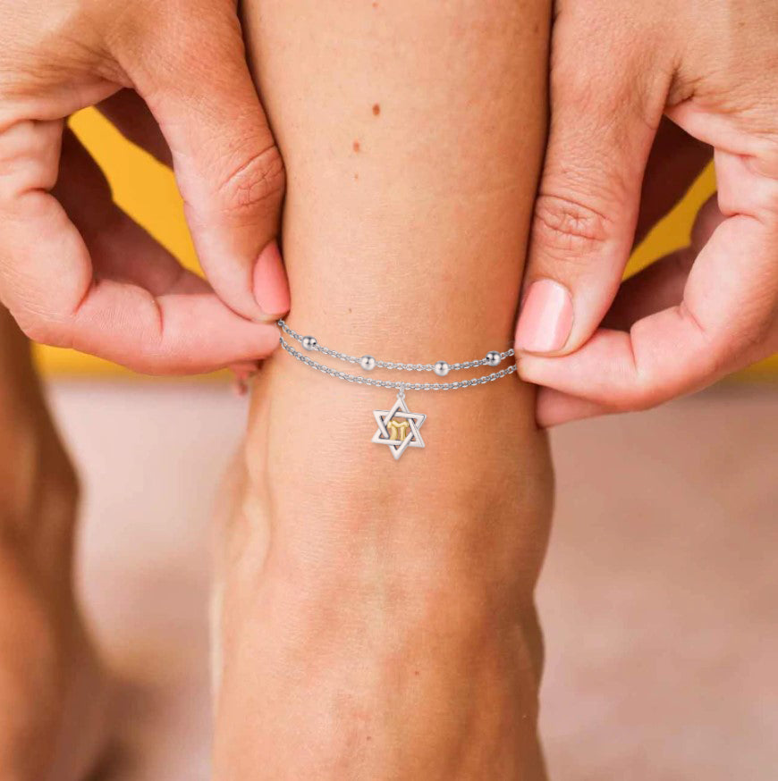 925 Sterling Silver Star of David Chai Anklets Dainty Layered Judaism Star of David Anklet