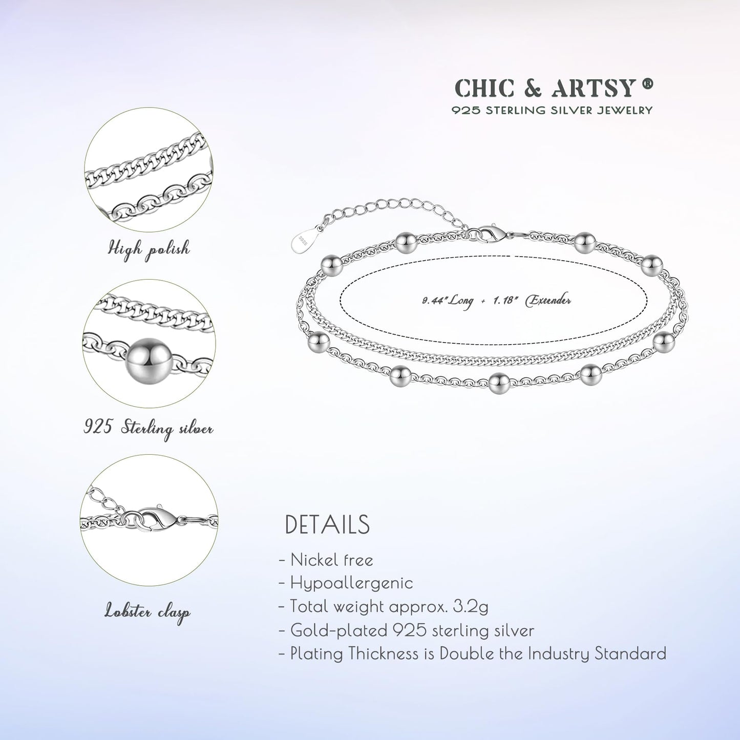 925 Sterling Silver Satellite Ankle Bracelets for Women Layered Foot Chain Anklet Bracelet